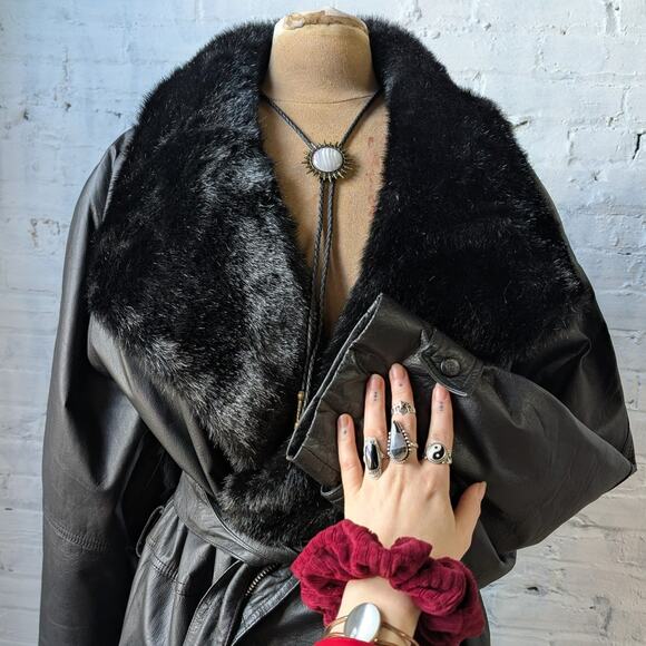 Vintage Black Leather Penny Lane Coat Faux Fur Trench Minimalist Goth Jacket - Picture 7 of 12